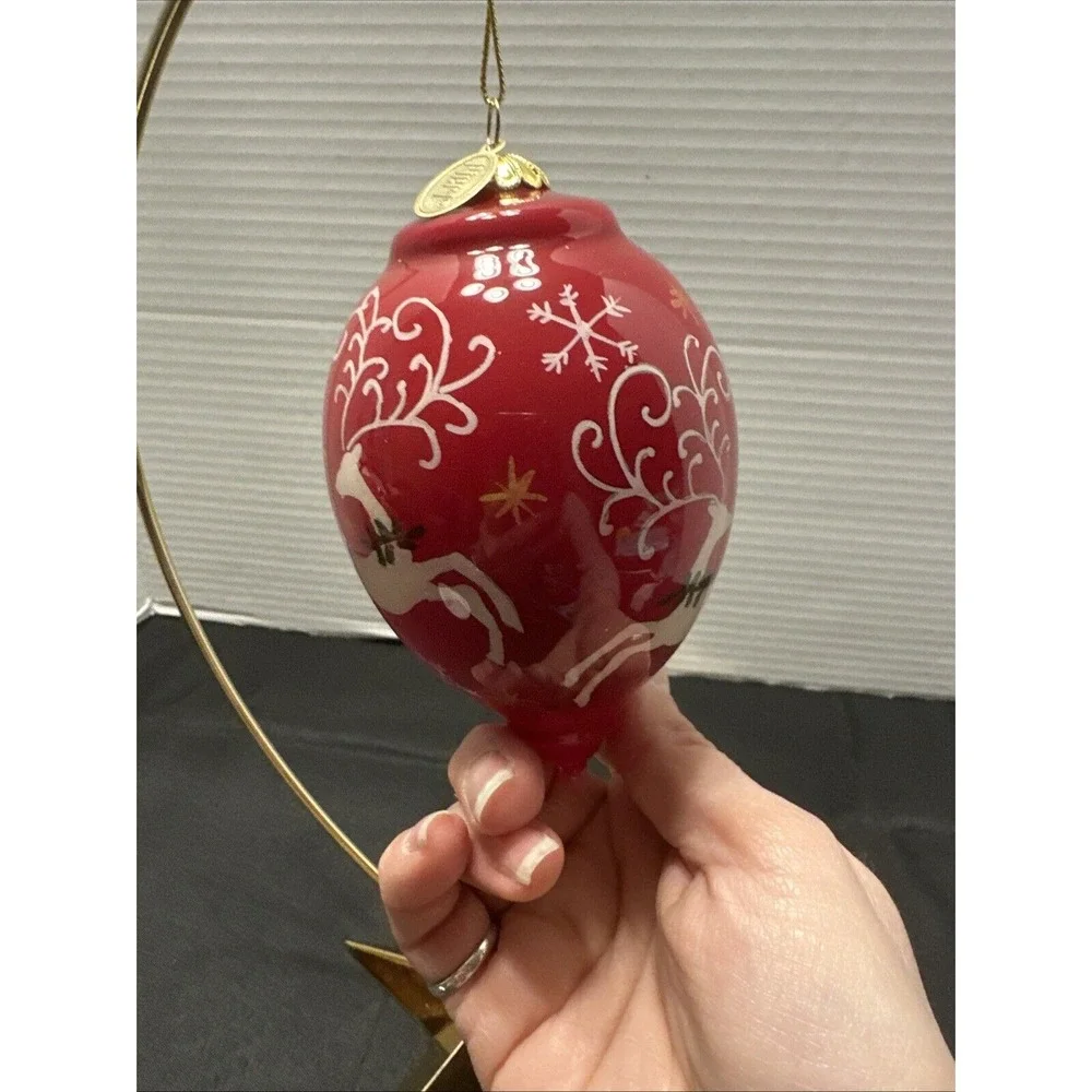 2014 Li‎ Bien Painted Glass Season's Greetings Reindeer Christmas Ornament